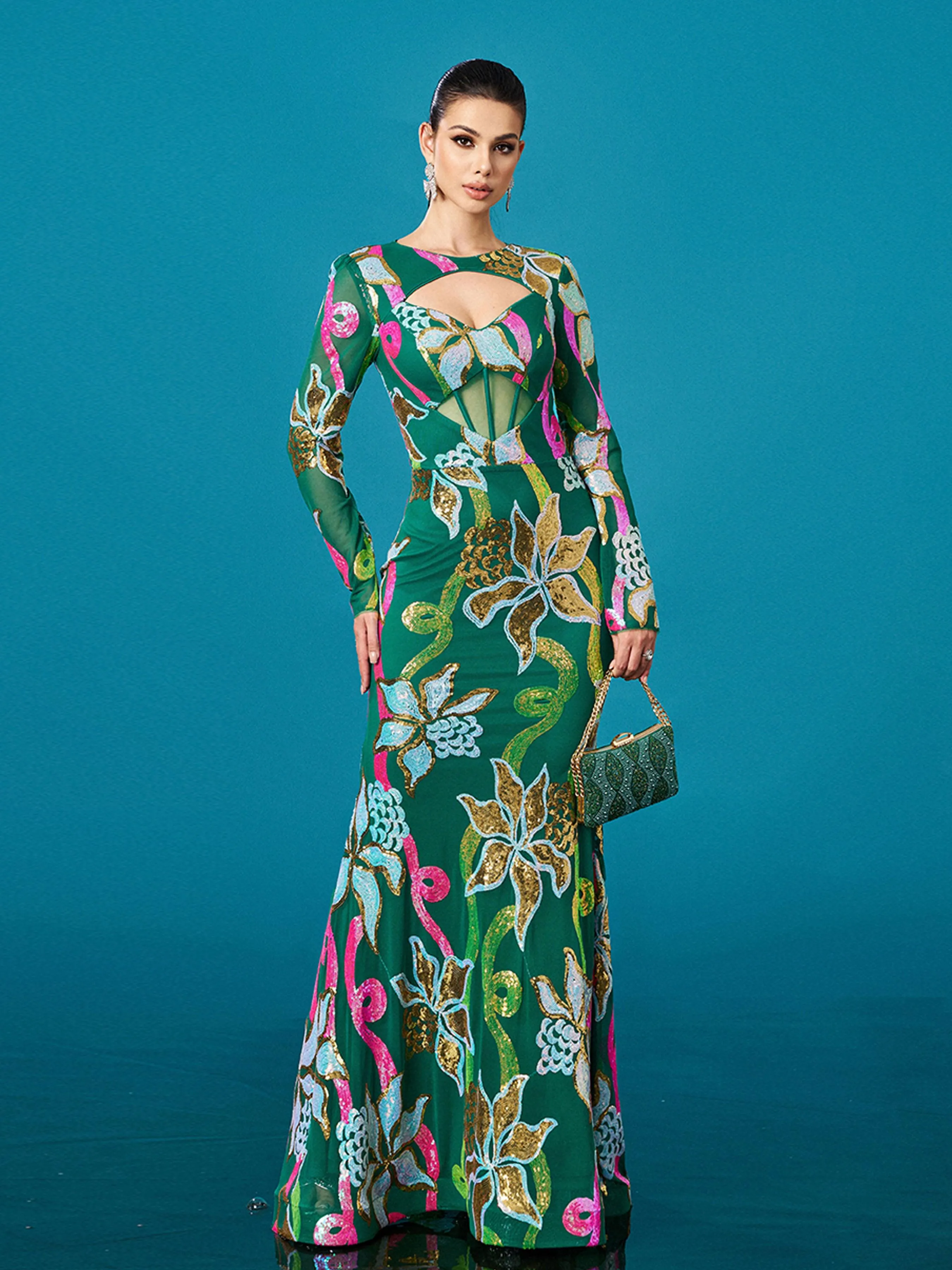 Long Sleeve Corset Cutout Floral Evening Dress DH80214