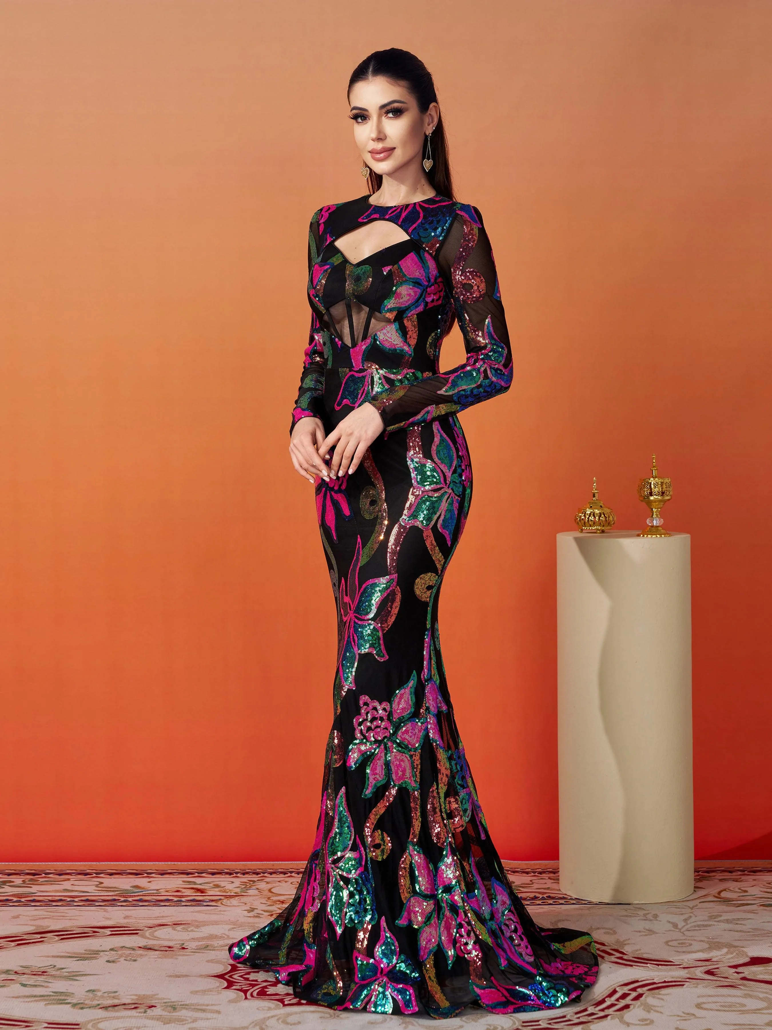 Long Sleeve Corset Cutout Floral Evening Dress DH80214