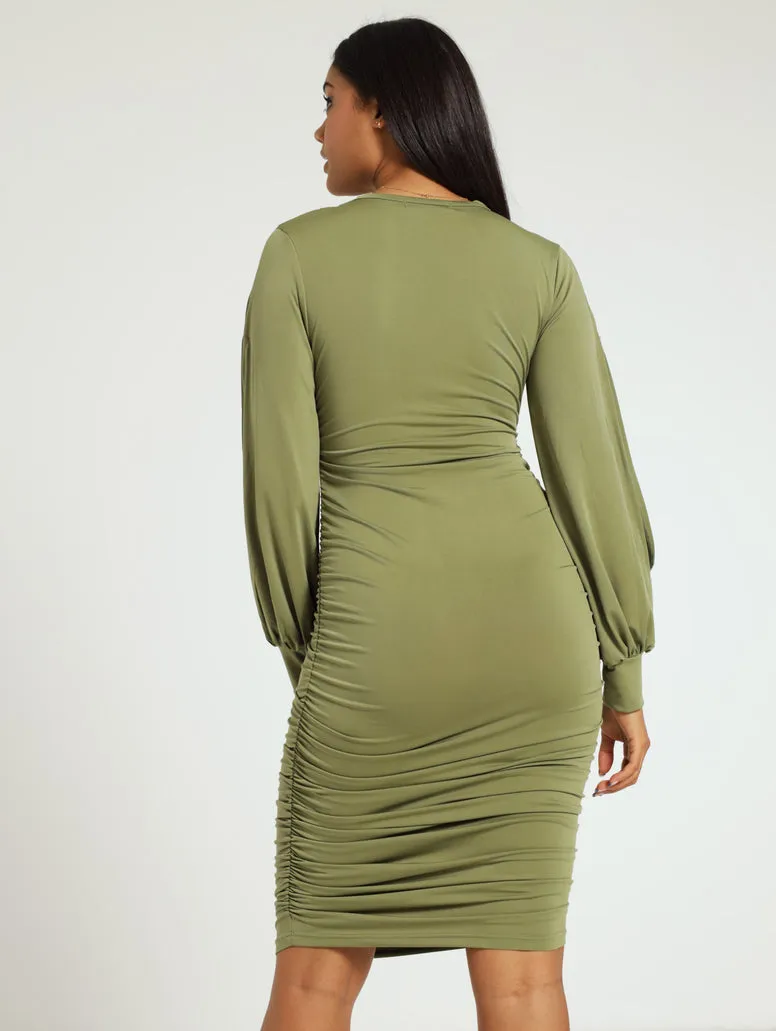 Long Sleeve Cutout Slinky Dress - Fatigue