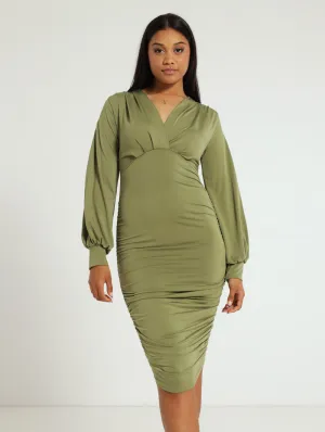 Long Sleeve Cutout Slinky Dress - Fatigue