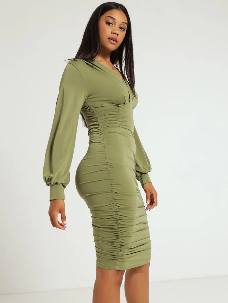Long Sleeve Cutout Slinky Dress - Fatigue
