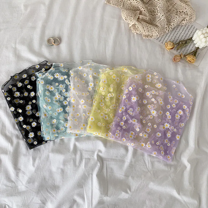 Long Sleeve Daisy Flower Pattern Transparent Shirt