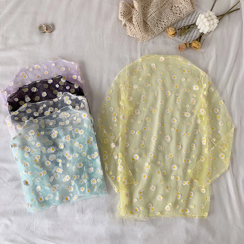 Long Sleeve Daisy Flower Pattern Transparent Shirt