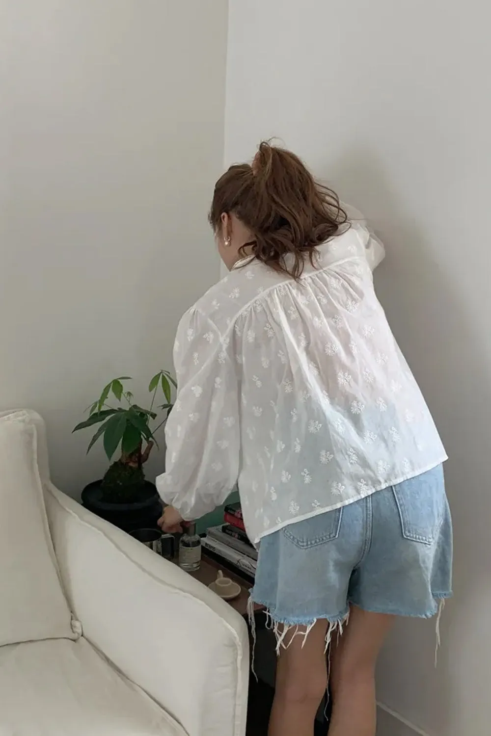 Long Sleeve Flower Pattern Chiffon Transparent Shirt