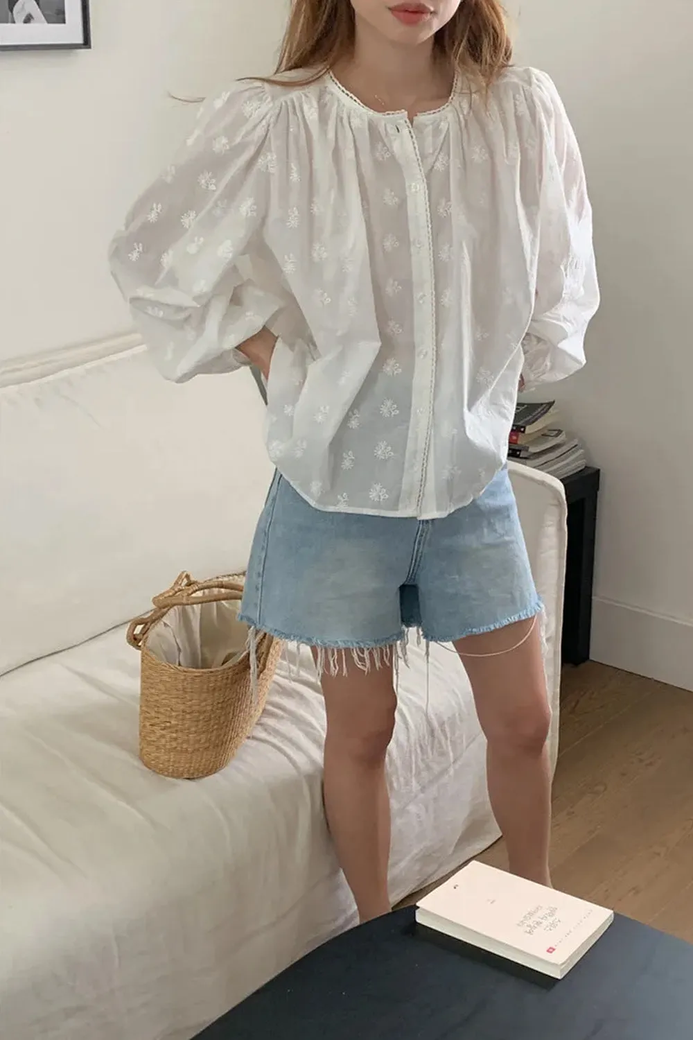 Long Sleeve Flower Pattern Chiffon Transparent Shirt