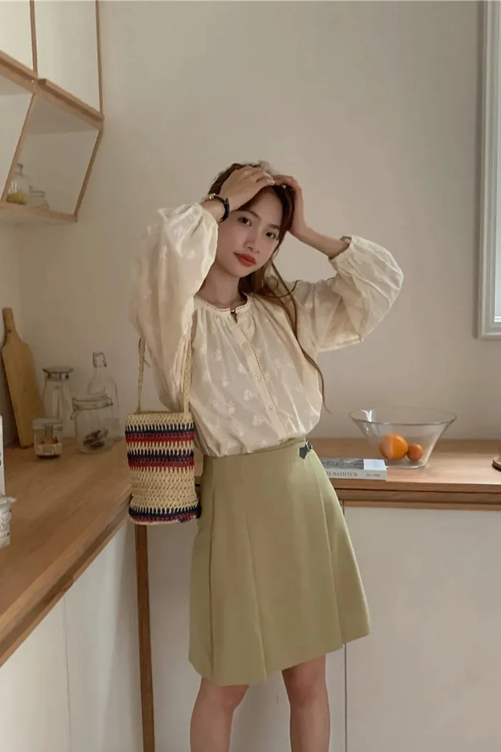 Long Sleeve Flower Pattern Chiffon Transparent Shirt