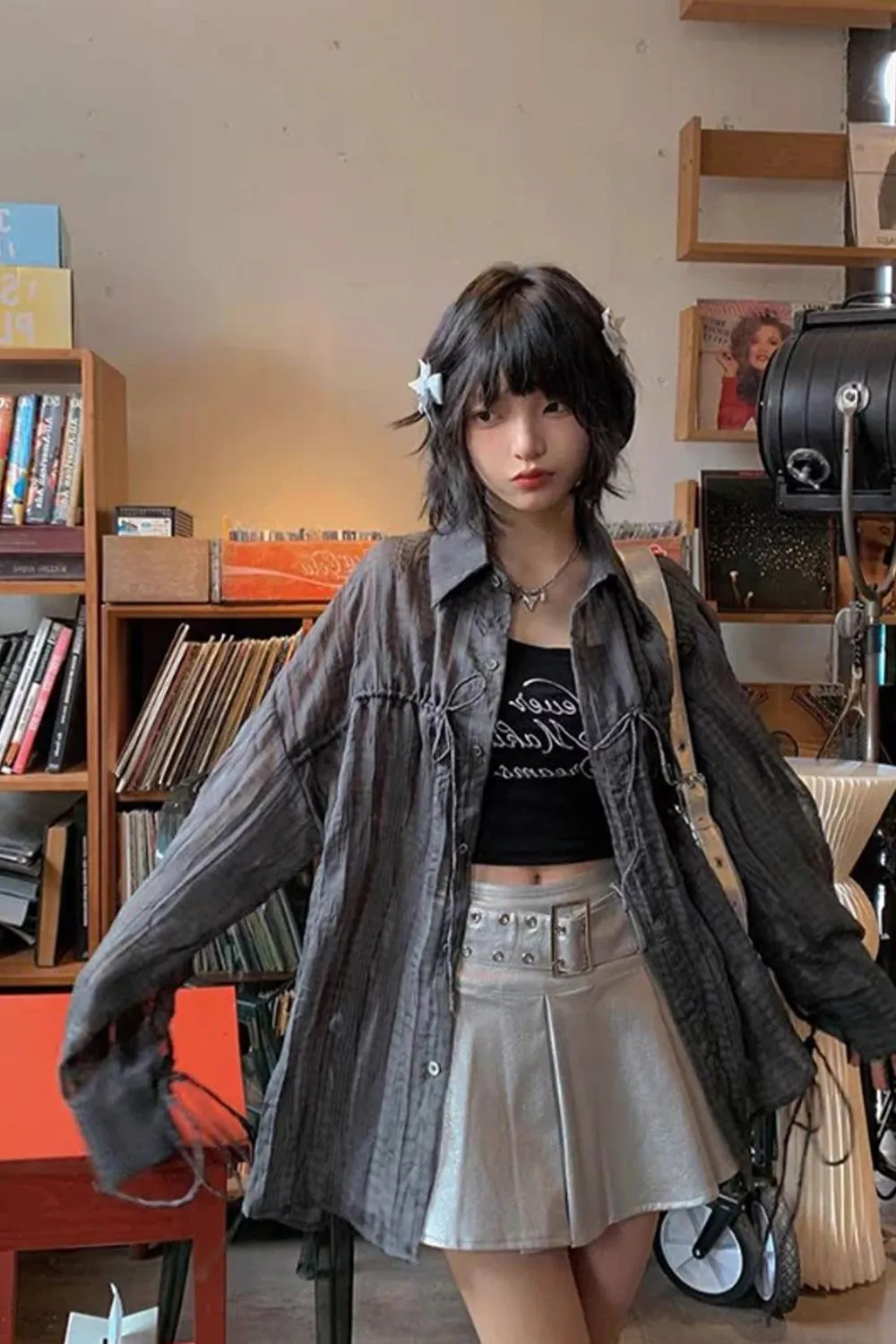 Long Sleeve Tied Patchwork Transparent Shirt