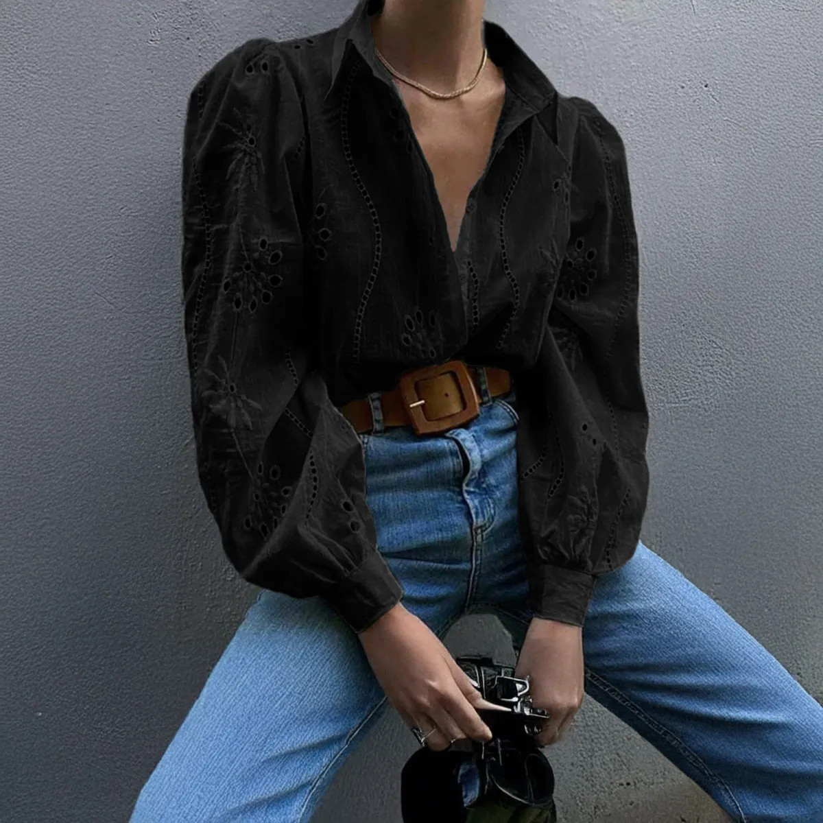 Loose Fashion Hollow Blouses Puff Sleeve Cardigan Tops Wholesale Womens Clothing N3824111300002