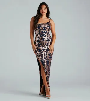 Lorena Sequin One-Shoulder High Slit Formal Dress