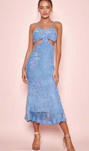 MARIAN BLUE CUTOUT SEQUINS HALTER MAXI DRESS