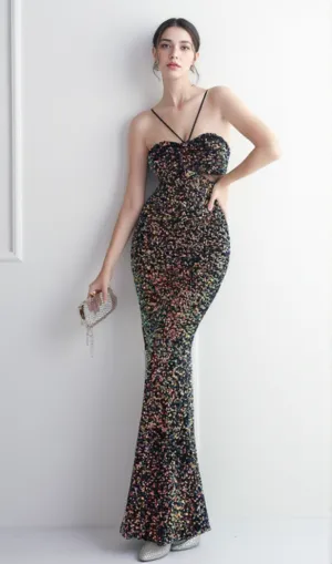 MARIAN CHARCOAL CUTOUT SEQUINS HALTER MAXI DRESS