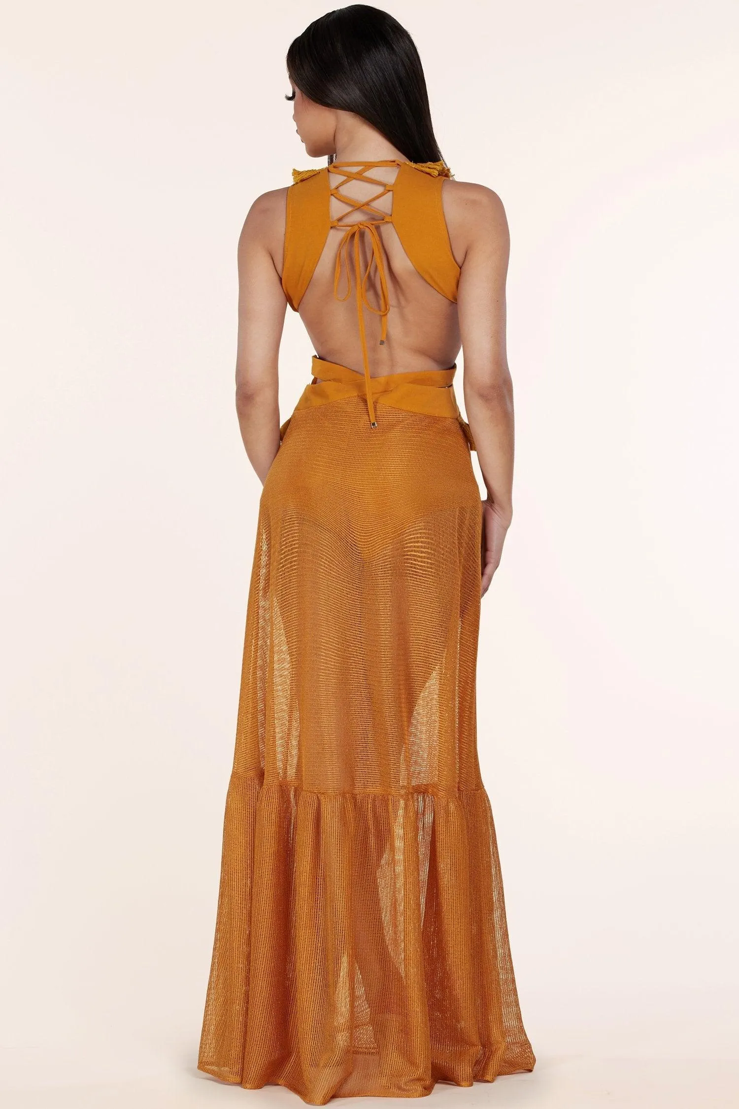 MARIGOLD HALTER WAIST CUTOUT MAXI DRESS