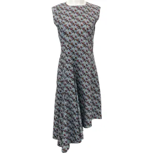 Marni Blue / Brown Cotton Floral Print Sleeveless Dress with Asymmetric Hem