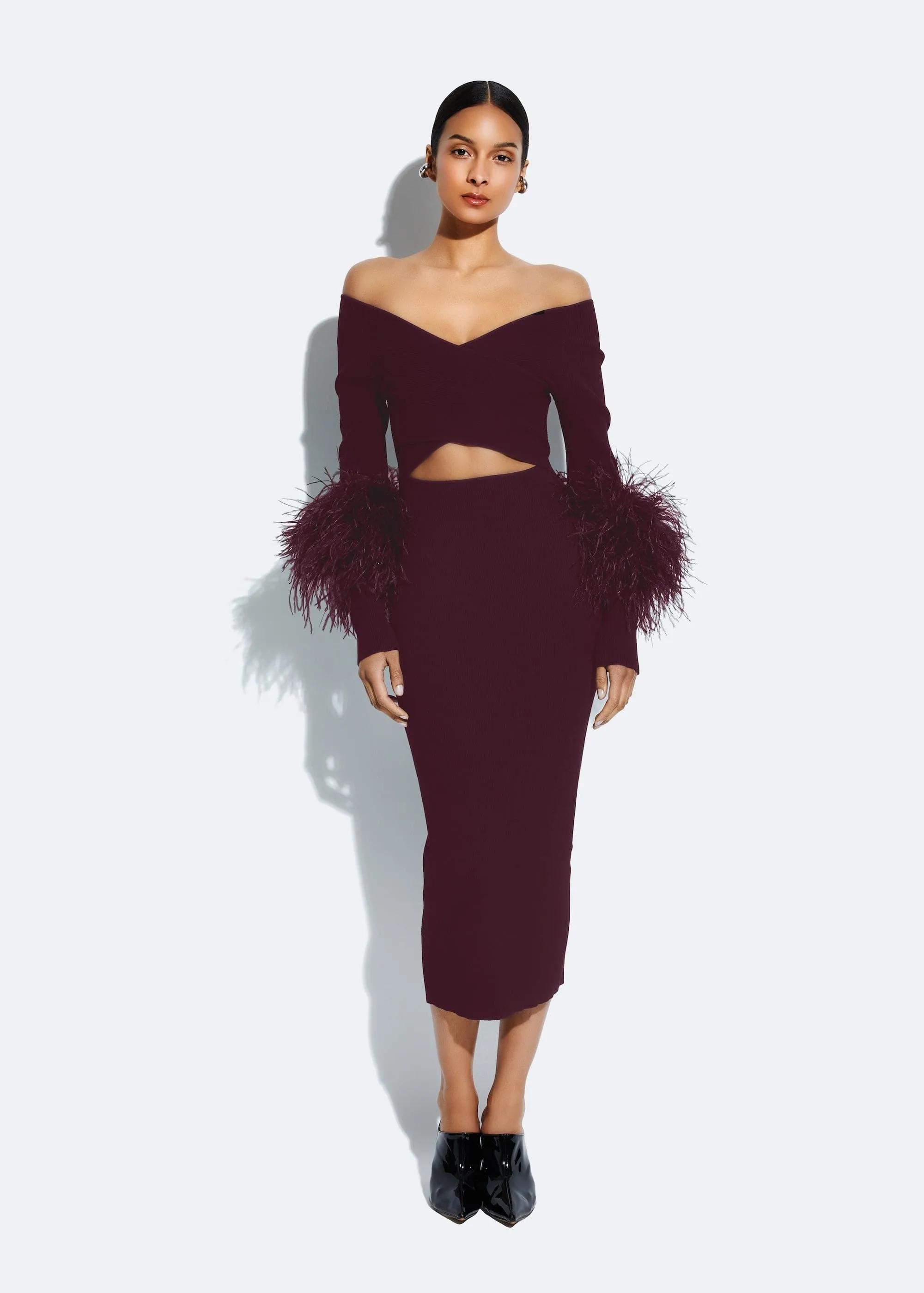 Matte Viscose Cross Front Dress With Feathers