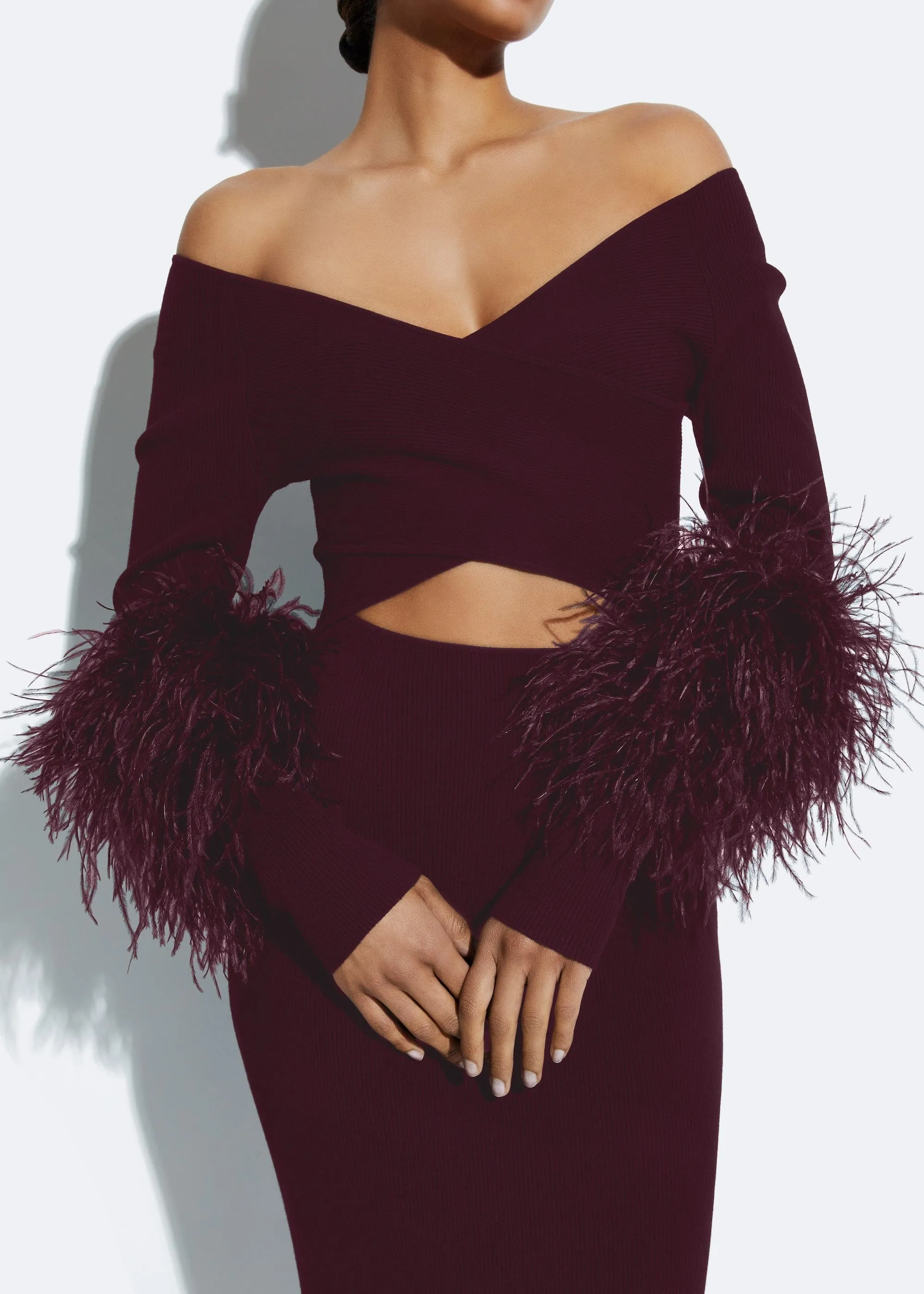 Matte Viscose Cross Front Dress With Feathers