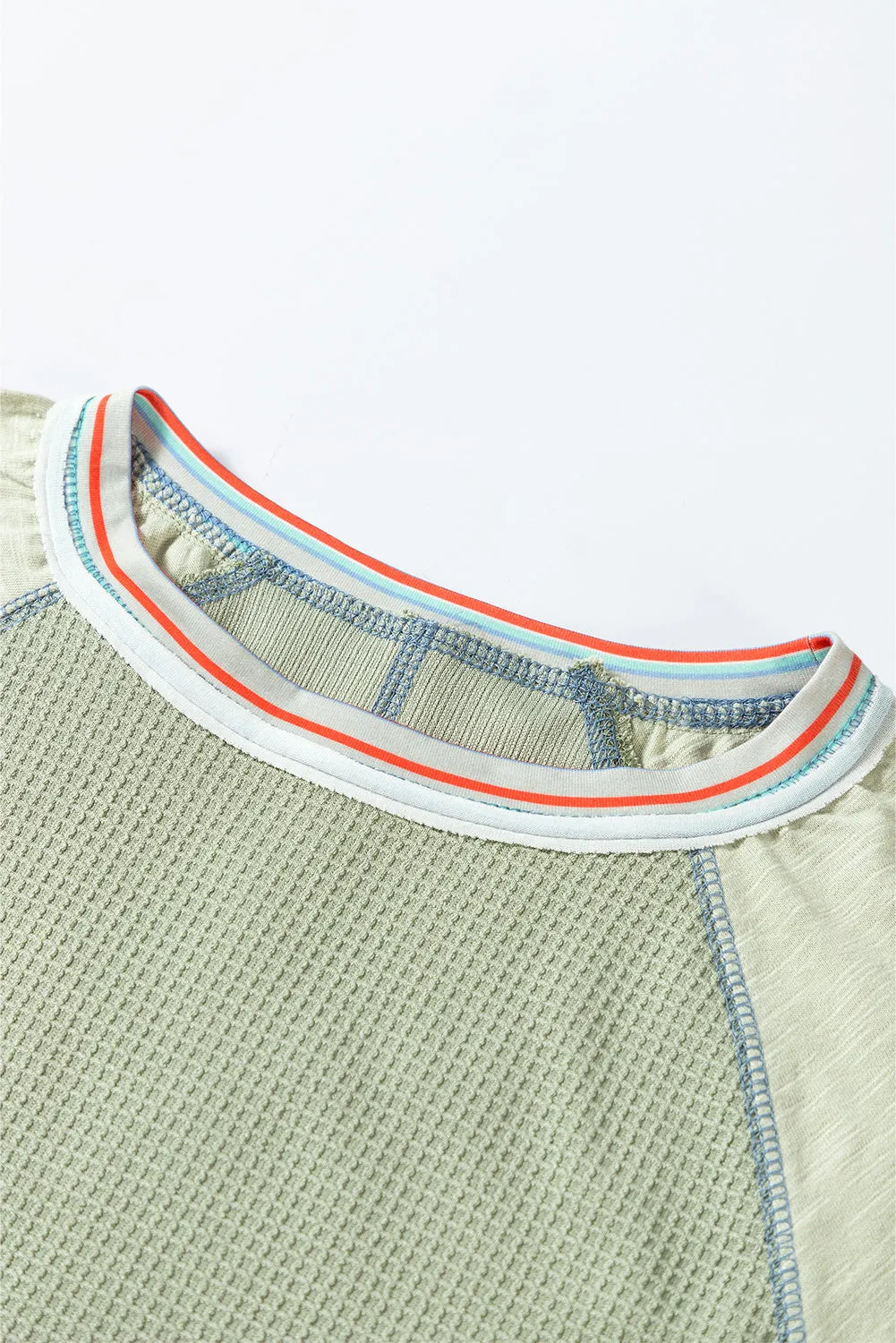 Meadow Mist Green Waffle Knit Wide Bracelet Sleeve Patchwork Raglan Top