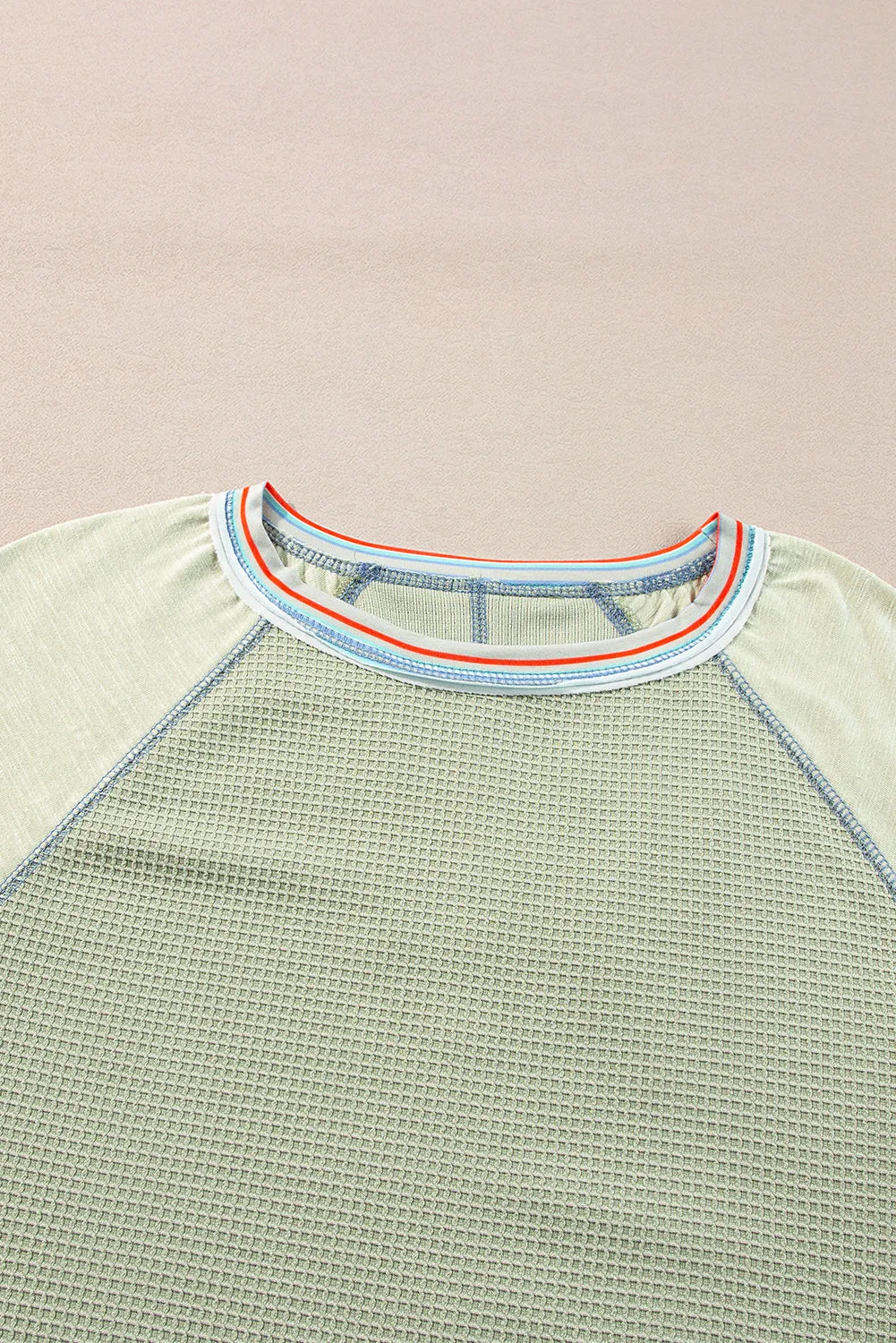 Meadow Mist Green Waffle Knit Wide Bracelet Sleeve Patchwork Raglan Top