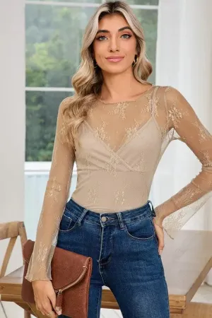 Mesh Crochet Patchwork Slim Fit Long Sleeve Blouse