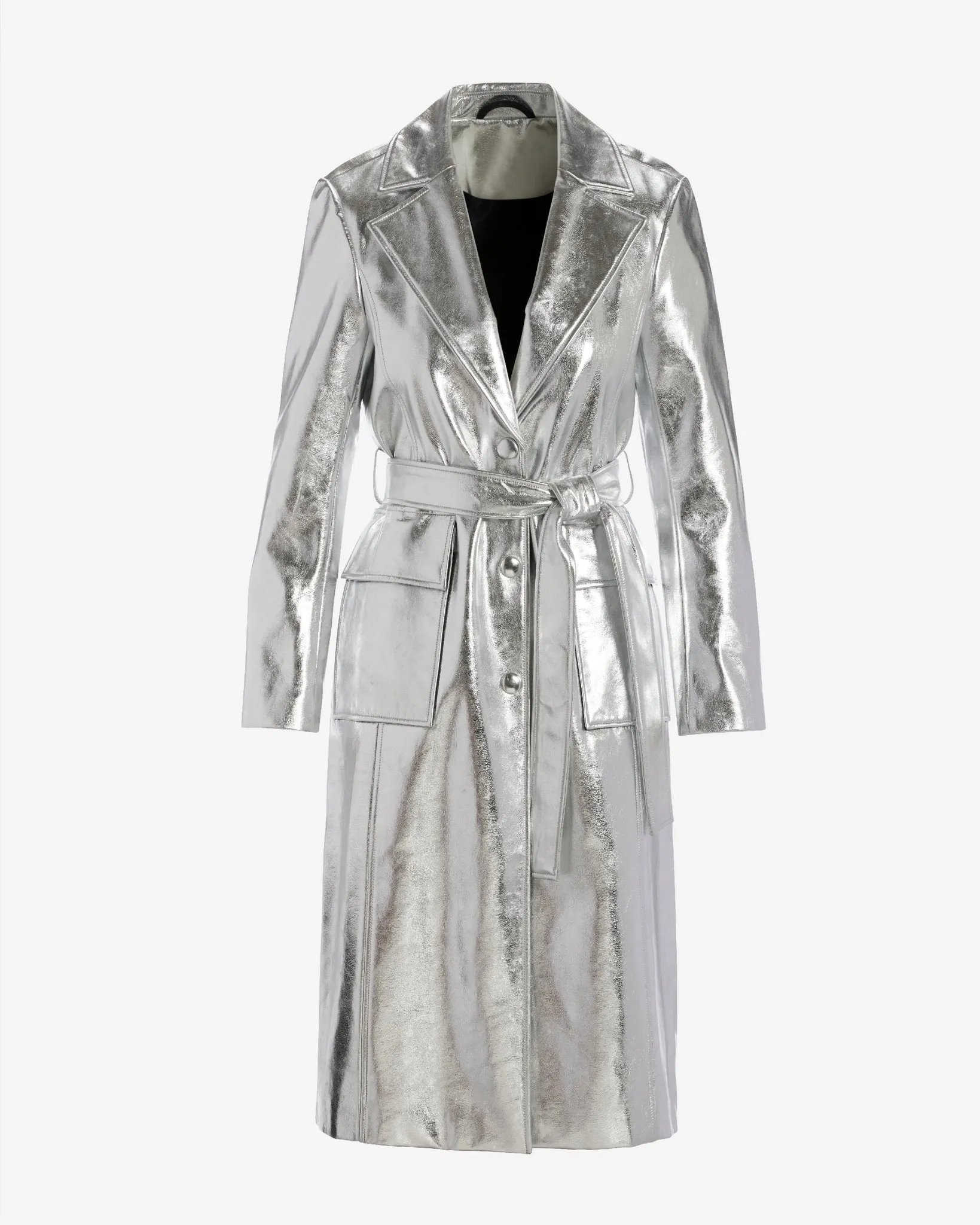 Metallic Faux Leather Blazer Style Trench Coat Silver