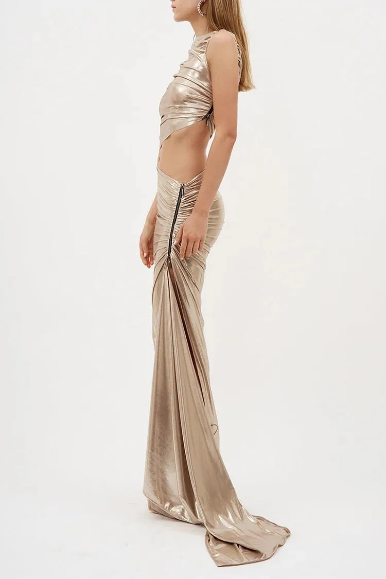 Metallic Sleeveless Cut Out Ruched Zipper Asymmetric Party Gown Maxi Dresses-Champagne