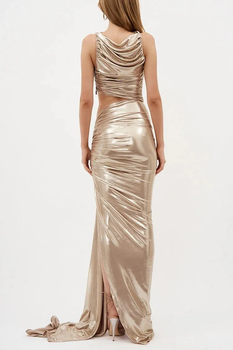 Metallic Sleeveless Cut Out Ruched Zipper Asymmetric Party Gown Maxi Dresses-Champagne