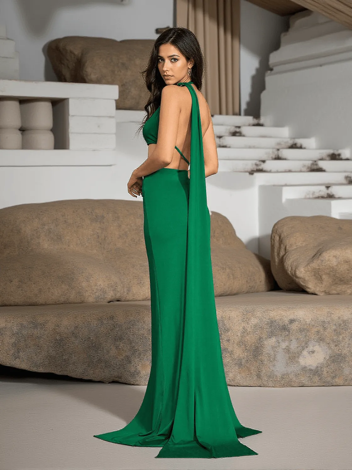 Mihi Draped Cutout Backless Maxi Dress In Green
