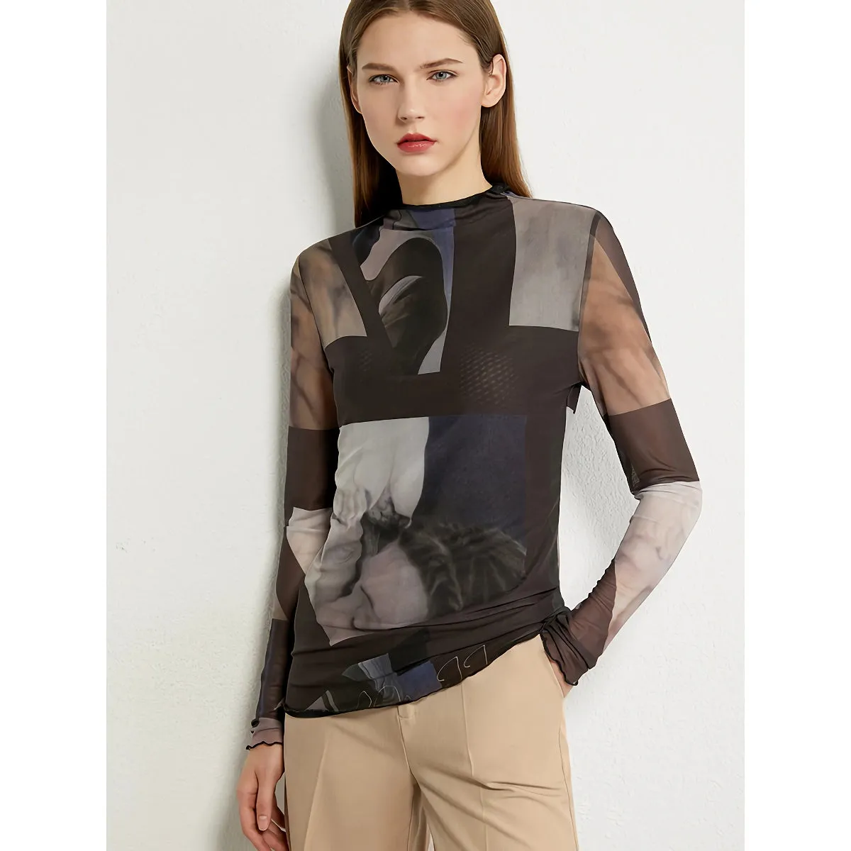 Minimalist Long-Sleeved Mesh T-Shirt for Women