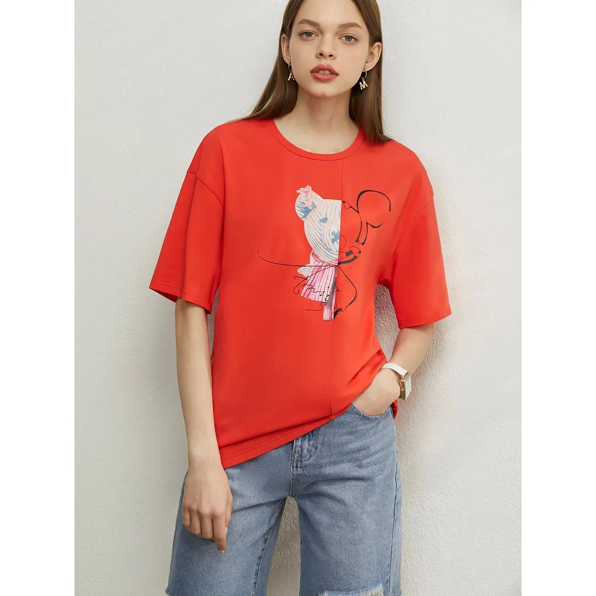 Minimalist Stretch Printed Drop Sleeve Mid-Length T-Shirts for Women