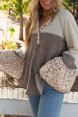 Molly Oversize Round Neck with Floral Print Detail in Taupe