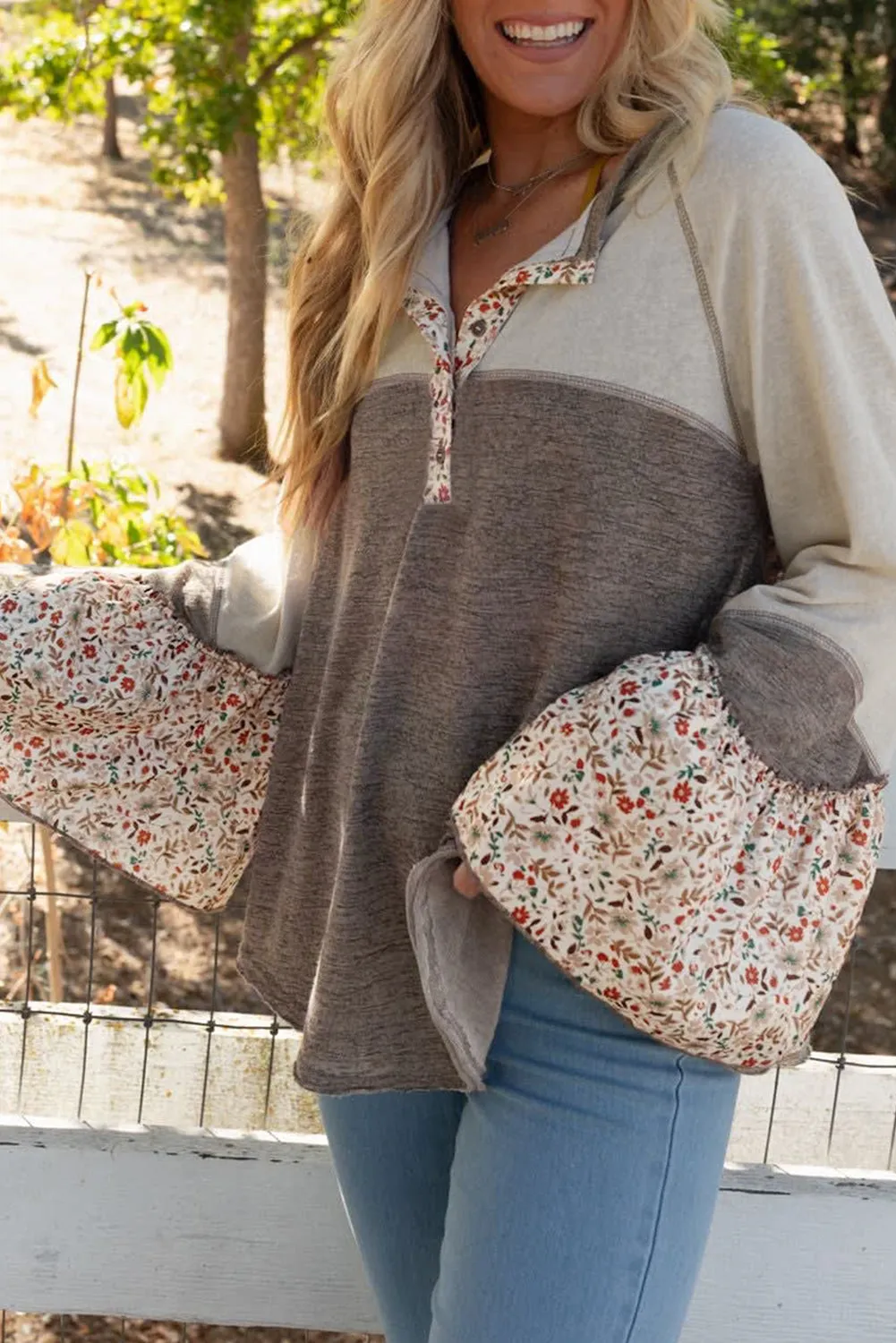Molly Oversize Round Neck with Floral Print Detail in Taupe