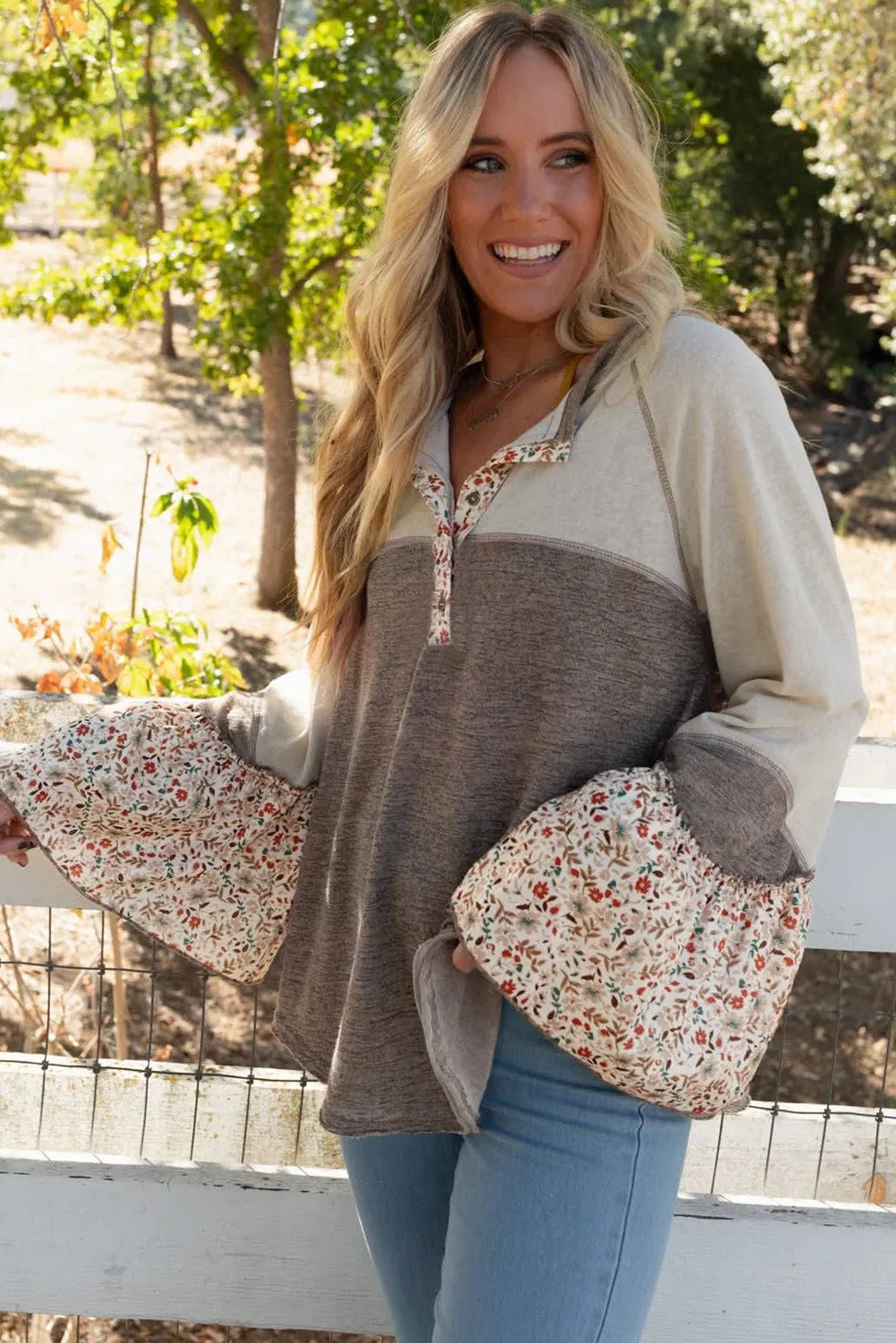 Molly Oversize Round Neck with Floral Print Detail in Taupe