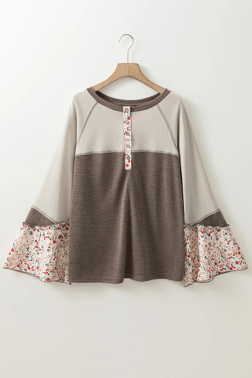 Molly Oversize Round Neck with Floral Print Detail in Taupe
