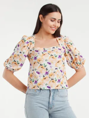 Multicolor Printed Puff Sleeve Top
