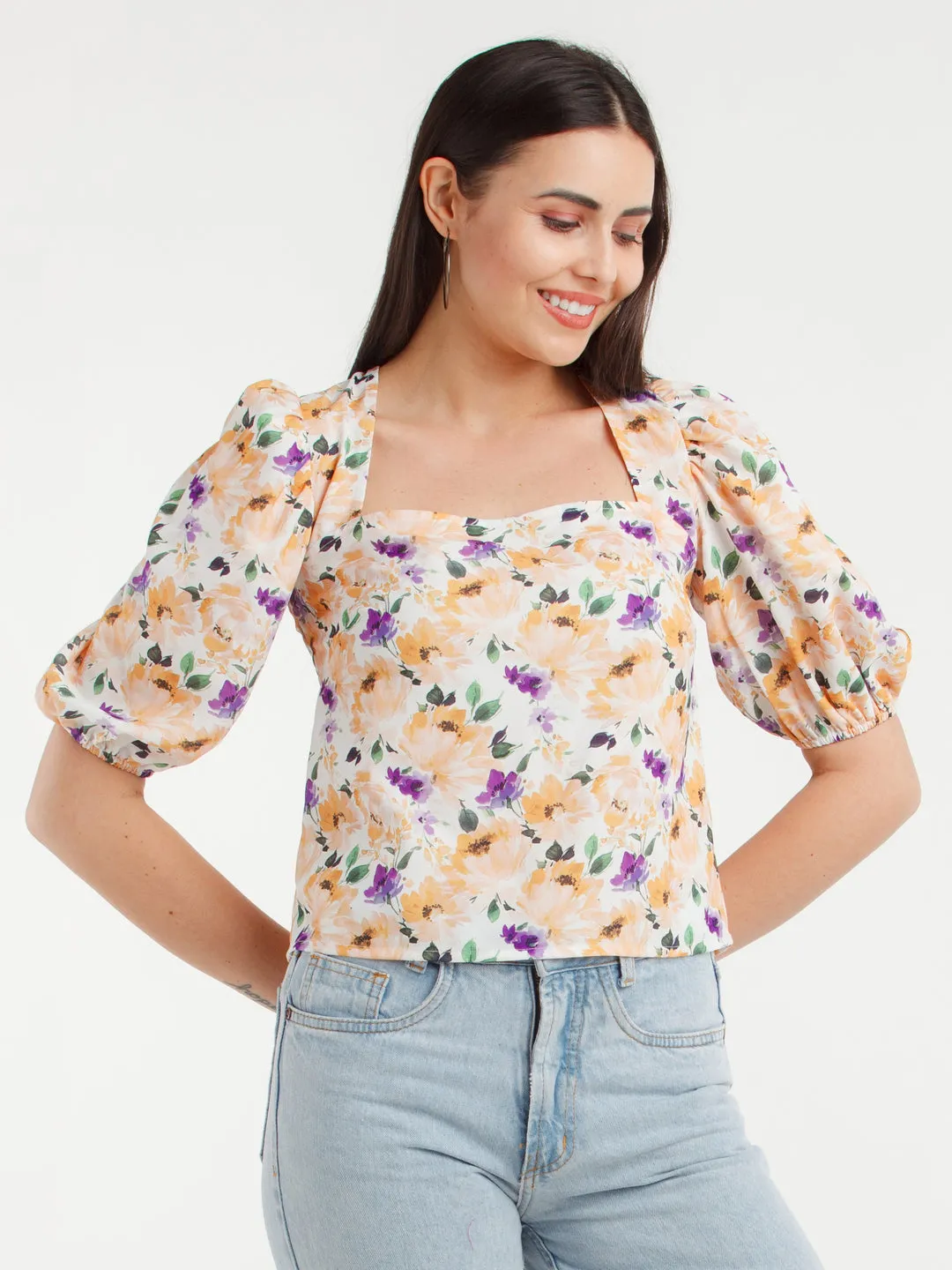 Multicolor Printed Puff Sleeve Top