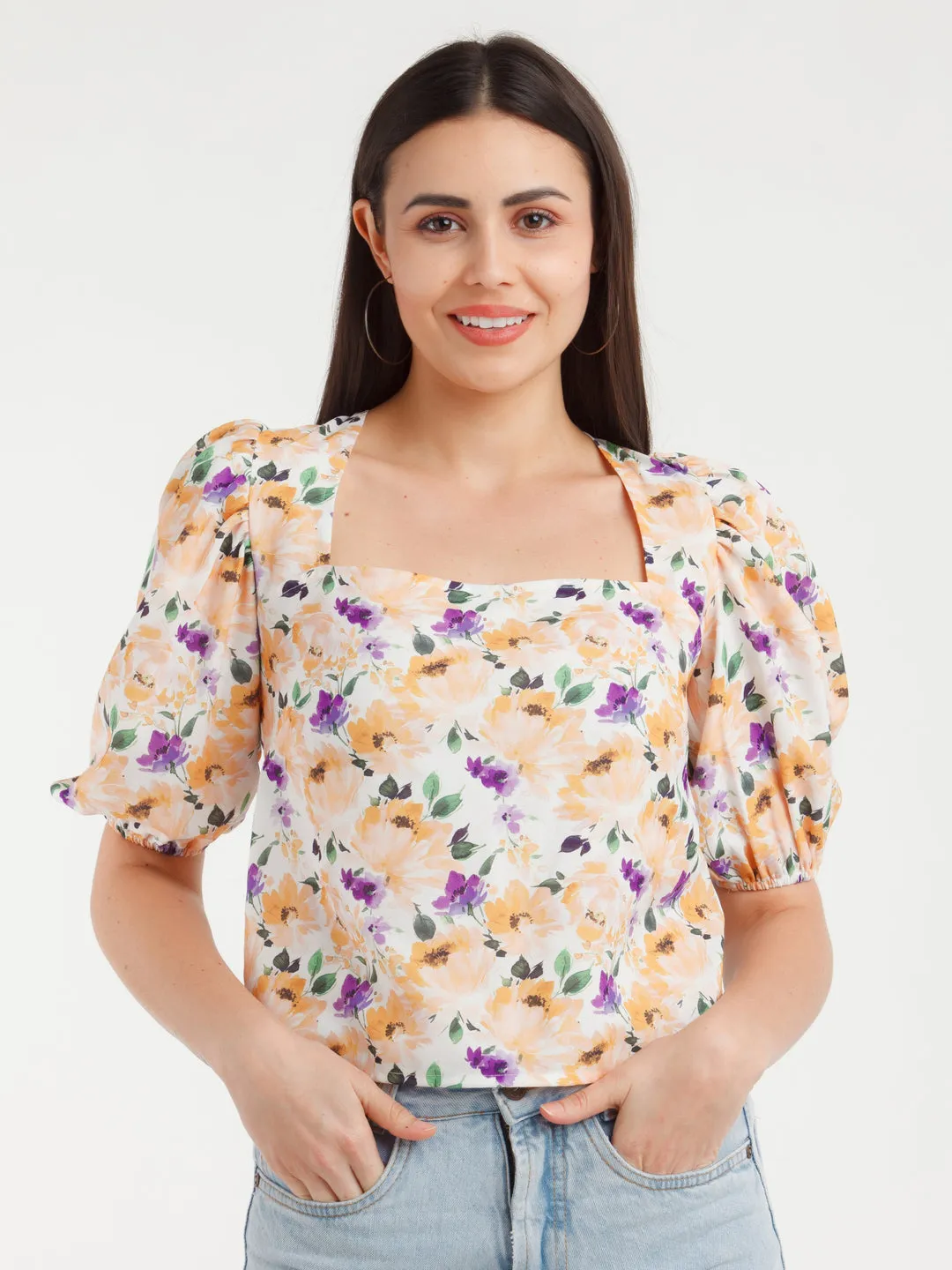 Multicolor Printed Puff Sleeve Top