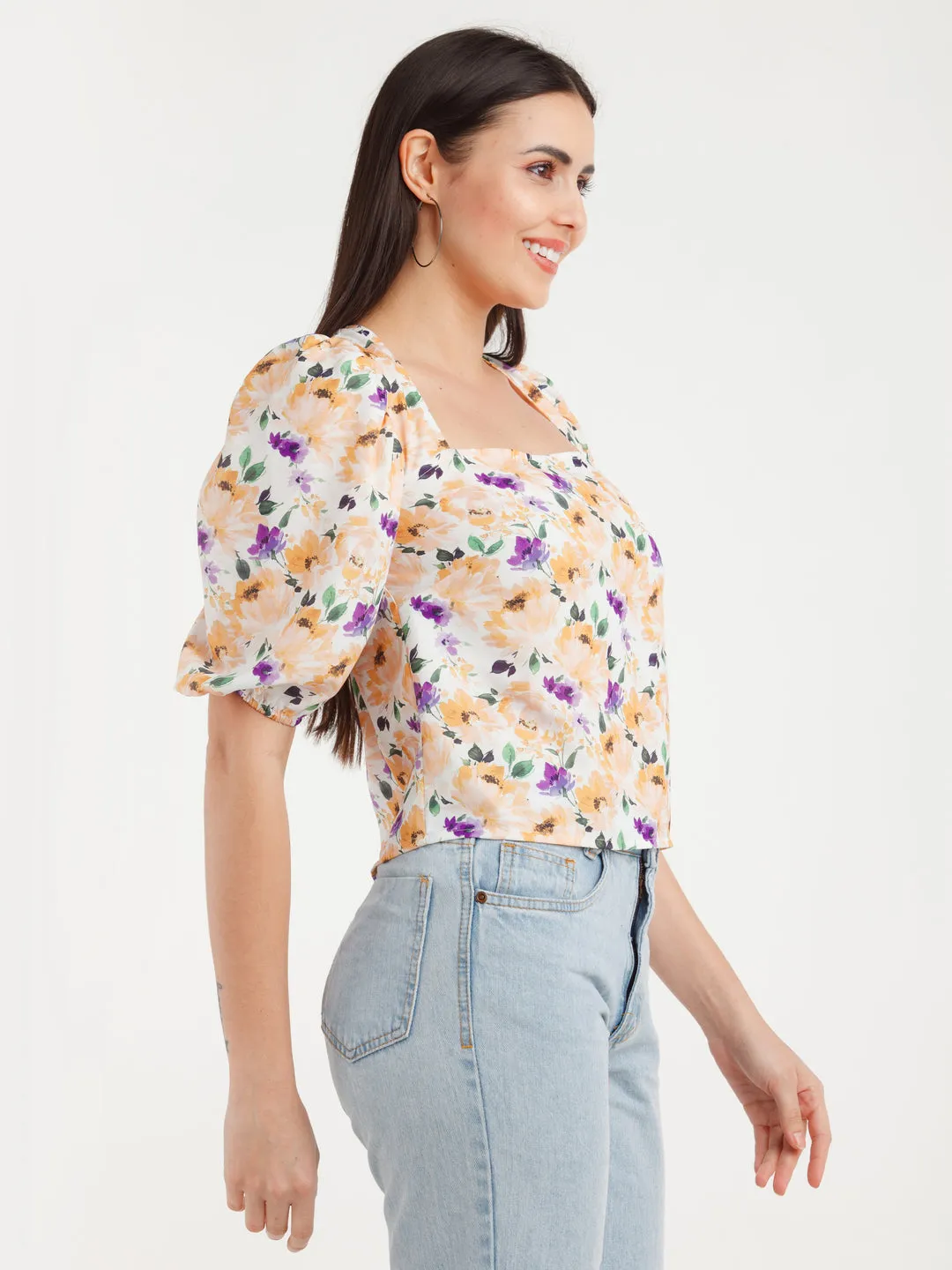 Multicolor Printed Puff Sleeve Top