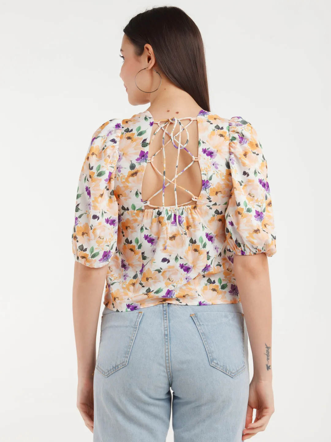 Multicolor Printed Puff Sleeve Top