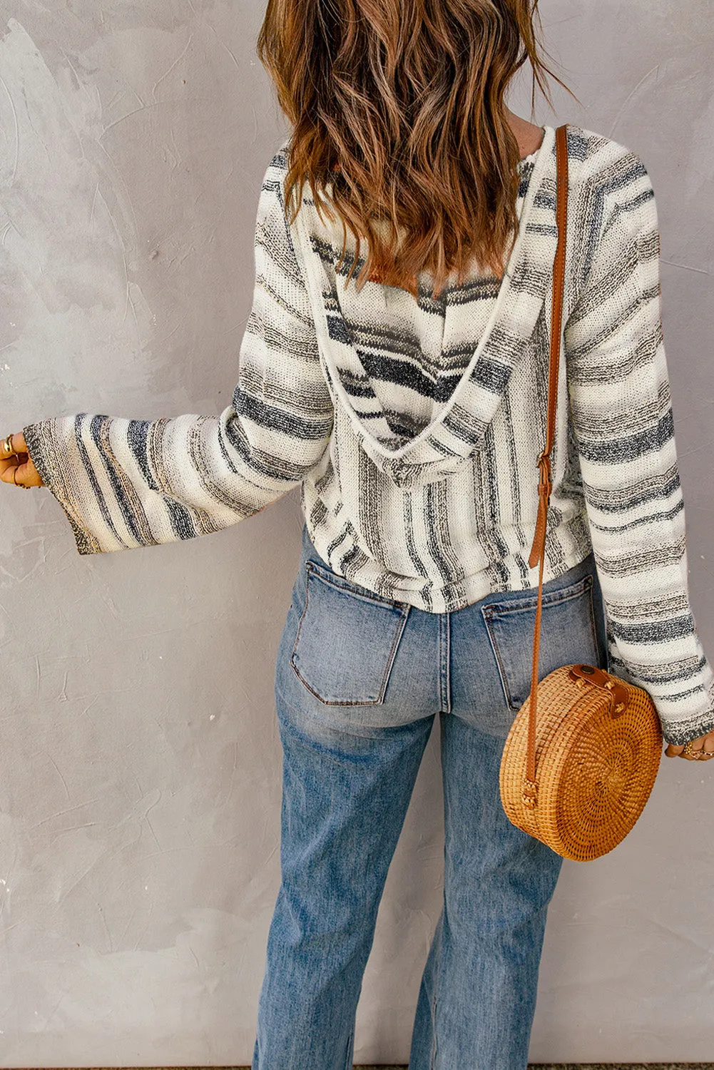 Multicolor Striped Knit Kangaroo Pocket Hooded Sweater