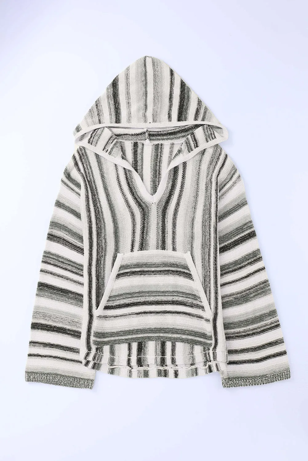 Multicolor Striped Knit Kangaroo Pocket Hooded Sweater