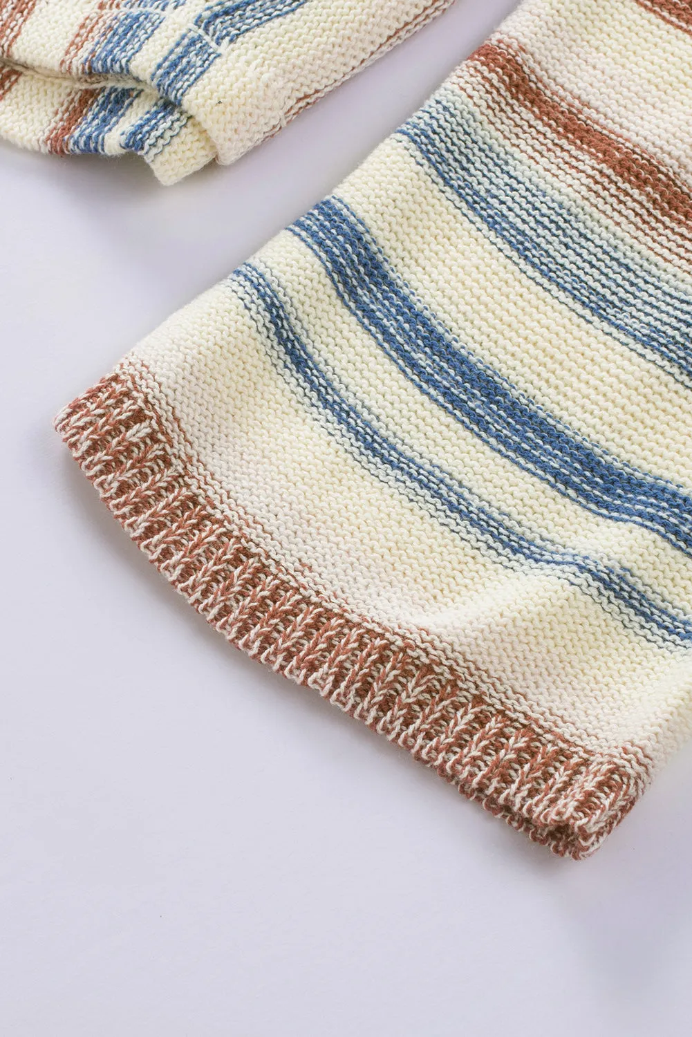 Multicolor Striped Knit Kangaroo Pocket Hooded Sweater