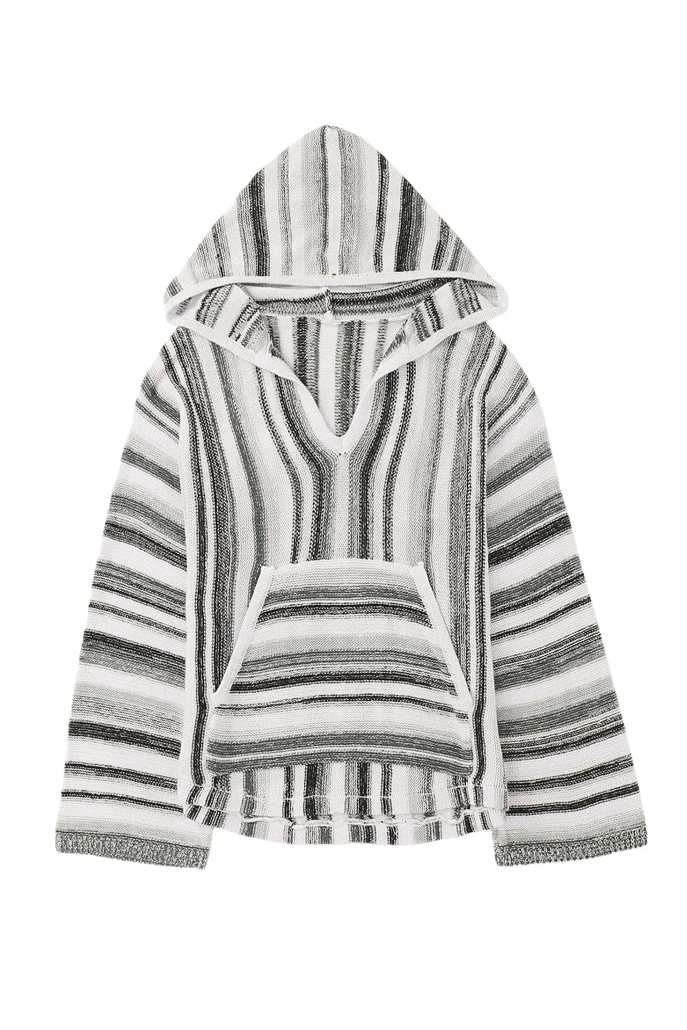 Multicolor Striped Knit Kangaroo Pocket Hooded Sweater
