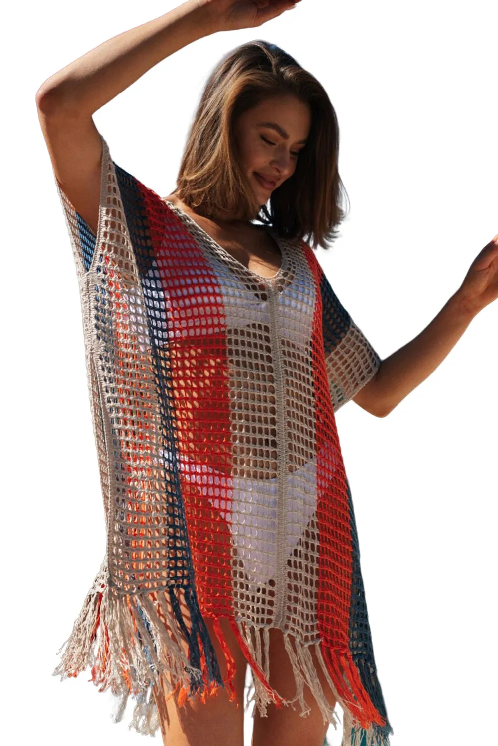 Multicolor Striped Tassel Crochet V Neck Beach Cover Up