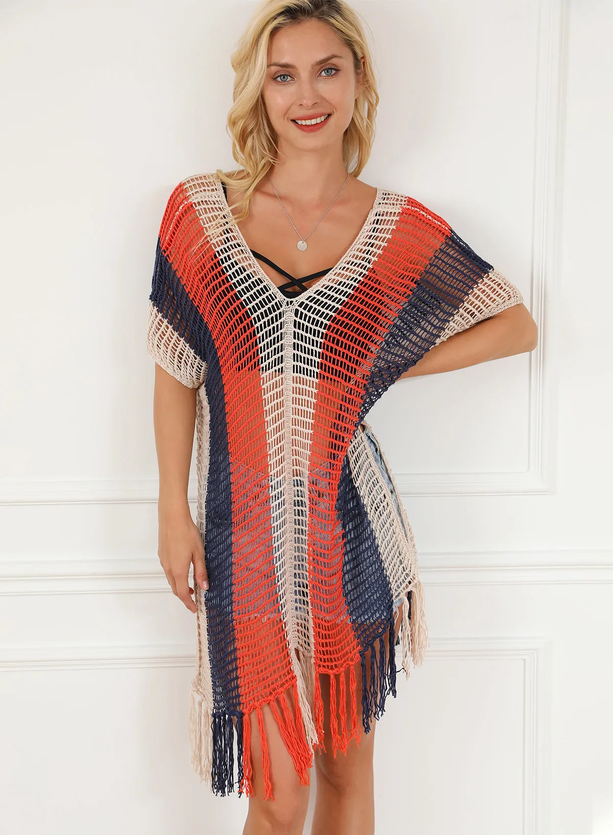 Multicolor Striped Tassel Crochet V Neck Beach Cover Up