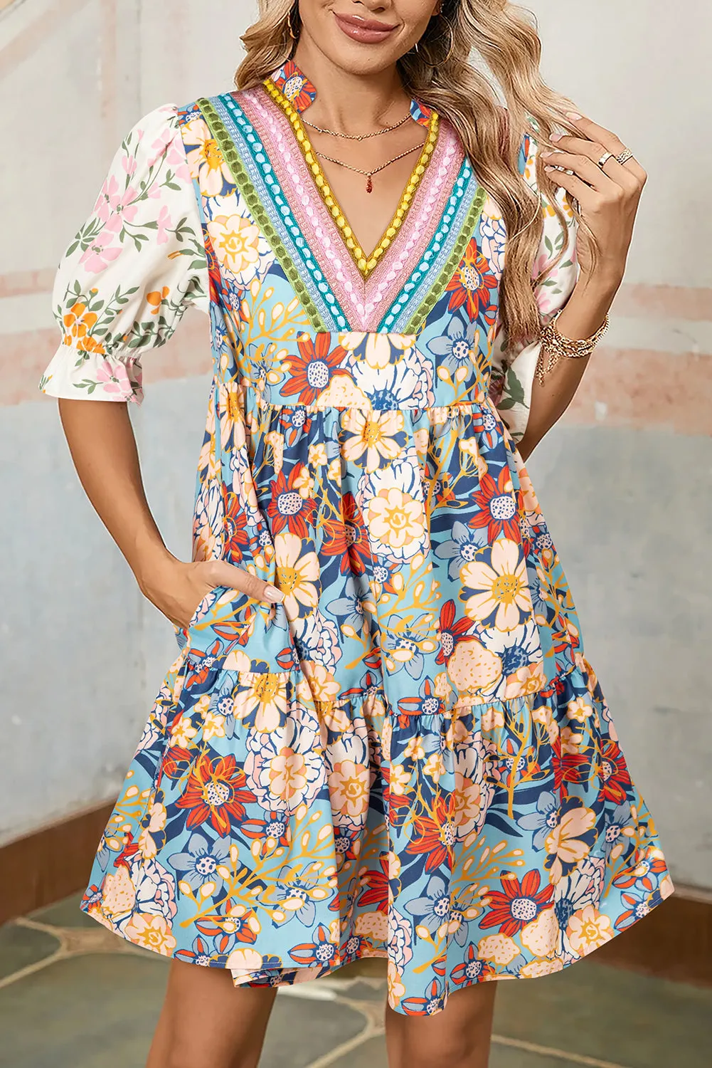 Multicolour Crochet V Neck Half Sleeve Boho Floral Blouse