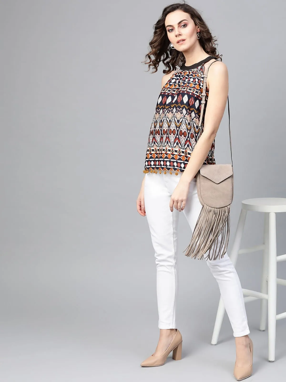 Mustard Ikat Tassel Top