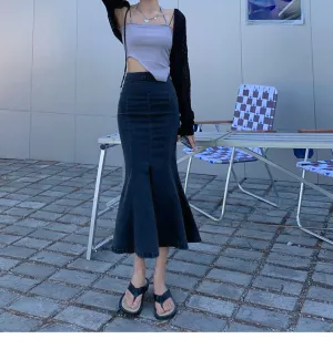 Navy Blue Fishtail Denim Skirt