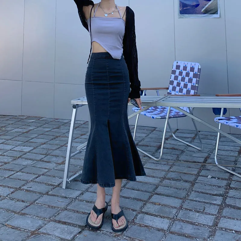 Navy Blue Fishtail Denim Skirt