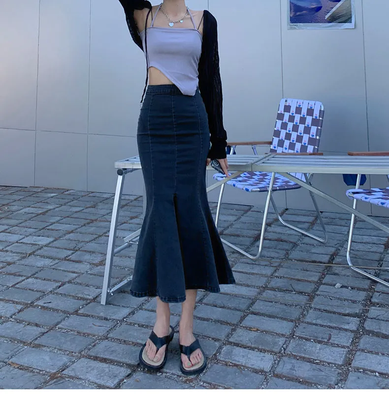 Navy Blue Fishtail Denim Skirt