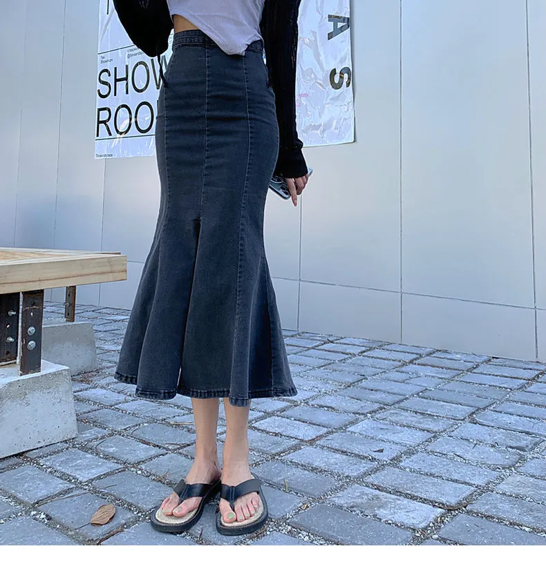Navy Blue Fishtail Denim Skirt