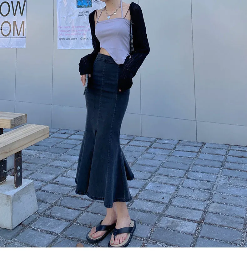 Navy Blue Fishtail Denim Skirt